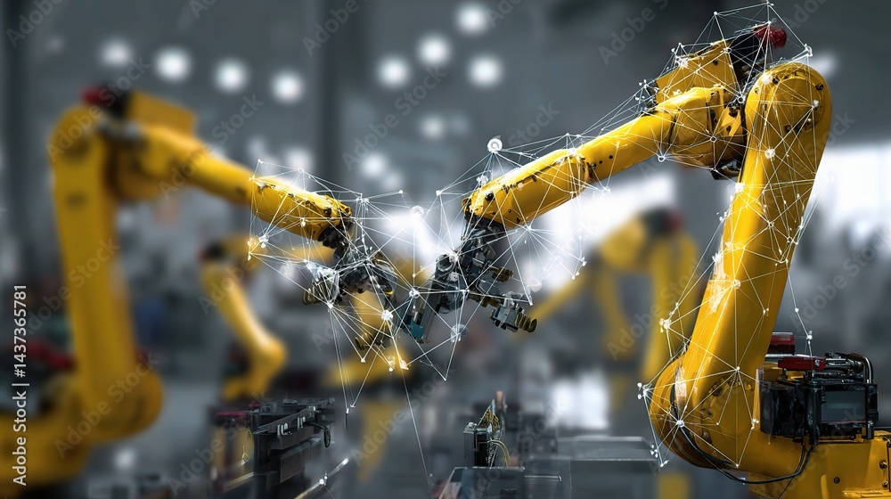 Poster industrial robotics in action with ai in modern factory setting