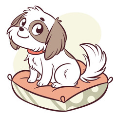 Cute Cartoon Shih Tzu Puppy Sitting on Pillow with Red Collar, Pet, Canine Art