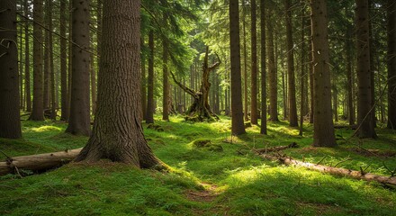 Walking Through a Dense Forest with Green Moss and Sunlight