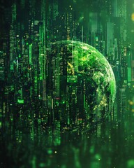 Obraz premium Abstract digital artwork depicting a green globe encircled by flowing green data streams and luminous city lights. Futuristic and technological themes are evident.