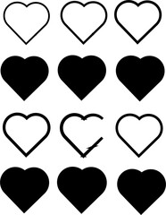 heart icons set vector. Set of love symbols isolated. Heart Black Love Logo Variations. Various simple vector heart love icon. Valentine's Day , medicine concept . Love passion concept.