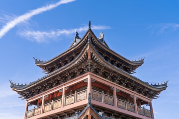 The upward perspective of Chinese pavilions and towers