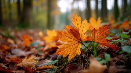 Autumn leaves on forest floor, vibrant colors