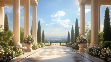 Naklejka premium Grand entrance of an elegant residence with lush surroundings, conveying timeless luxury and serene beauty.