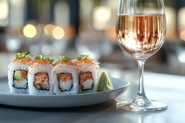 Salmon sushi, rose wine, restaurant, bokeh background, food photography