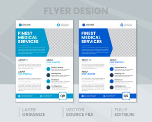 Professional Medical Services Flyer Template with Blue and White Color Scheme, Modern Layout, Editable Layers, Healthcare Marketing Design for Clinics and Hospitals.
