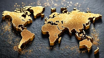 Golden World Map on Stone: A luxurious, gold-textured world map stands prominently on a dark stone surface, capturing the global reach. 