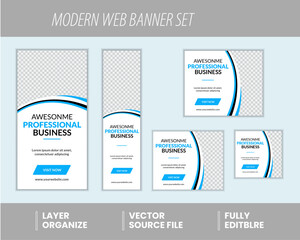 Modern Web Banner Set for Professional Business, Blue and White Color Scheme, Editable Vector Templates, Clean and Sleek Design for Online Marketing and Advertising.