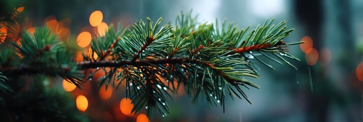 Close-up of a pine branch covered in raindrops, with blurred background lights