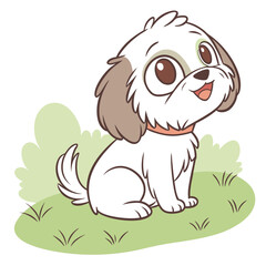 Cartoon White and Brown Dog Sitting on Green Grass, Happy Pet, Collar, Line Art