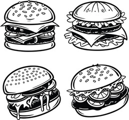 Four Delicious Burger Illustrations Black and White