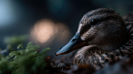 Close-Up of a Duck – Detailed Feathers and Intense Eyes in Low-Key Lighting