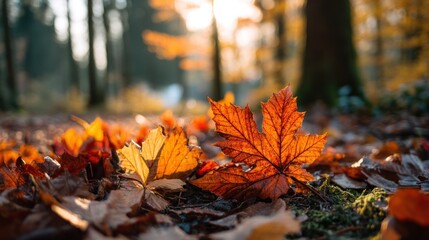 Autumn leaves on forest floor. Golden hues on the forest floor