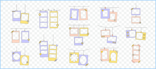 Retro cute yellow purple polaroid photo frames background vector set collection. Doodle frame polaroid border element vector illustration