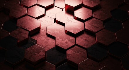Abstract geometric pattern with hexagonal tiles in metallic red tone