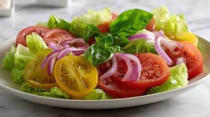 Colorful tomato salad with red onions and fresh basil