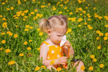 A girl in a dandelion field, holding a handkerchief to her nose, showing signs of allergies.