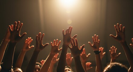 Photorealistic shot focusing on multiple diverse pairs of hands (various skin tones, ages) raised upwards towards a brilliant, warm light source emanating from the top of the frame (out of view). 