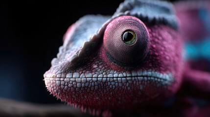 Exotic Chameleon – Close-Up of Its Colorful Scales and Intense Eyes in Low-Key Light