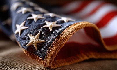 Close-up of American flag, showing details of stars and stripes