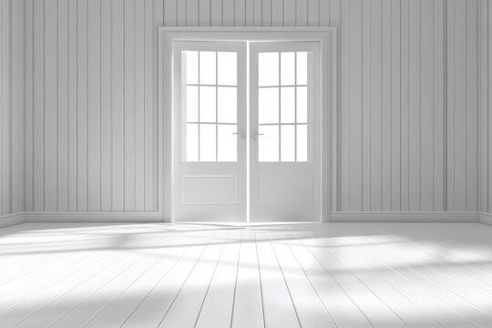 Empty white room with double doors. Sunlight streams in - Powered by Adobe