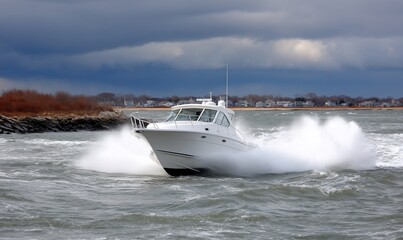 Fototapeta premium White motorboat cutting through choppy water near a shoreline under a dramatic sky. Possible use for stock photography depicting boating, water sports, or travel