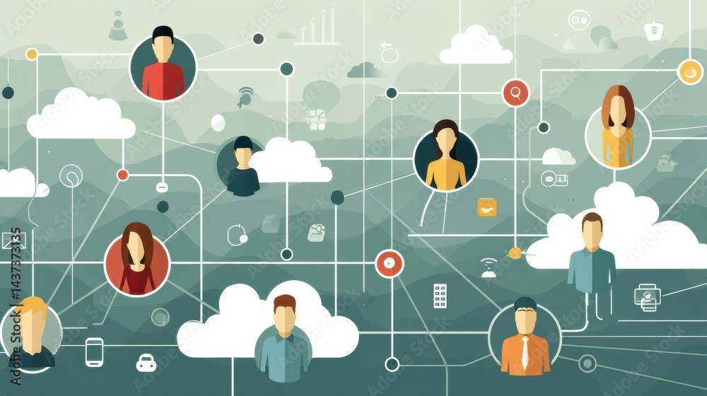 Aufkleber connection among users in a digital landscape with cloud technology represented in flat style