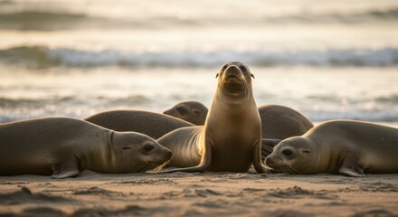 Obraz premium Seals on beach at sunrise