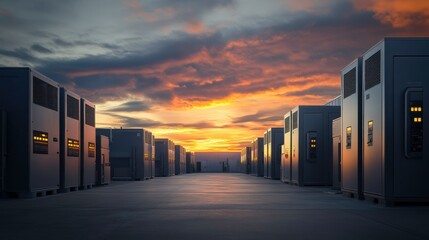 Industrial Warehouse with Storage Containers Under Dramatic Sunset Sky