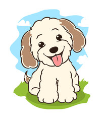 Cartoon white fluffy white dog with brown ears sitting on grass, vector illustration