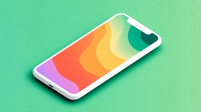 White iPhone with a colorful wallpaper is displayed on a green background. The wallpaper has a wave-like pattern with various colors, giving the phone a vibrant and lively appearance