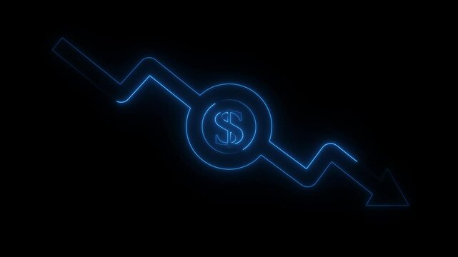 Money loss. Cash with down arrow stocks graph, concept of financial crisis, market fall. Money, profit, investment, growth business market fall. neon down arrow stocks graph with black background.