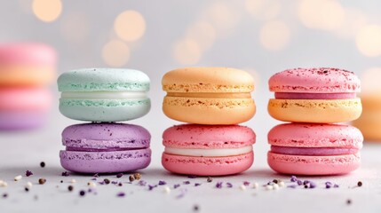 Fototapeta premium Stack of colorful macarons with a sprinkle of powdered sugar on top. The macarons are arranged in a pyramid shape, with the bottom row being the most colorful. Concept of indulgence and luxury