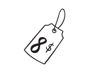 8 dollars price tag doodle hand drawn icon. Outline drawing eight dollars price tag line clipart symbol. Isolated price tag