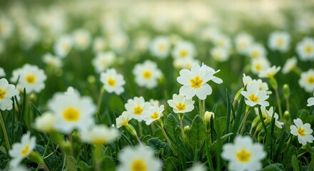 Fototapeta premium Blooming Field of White Flowers with Yellow Centers in Spring