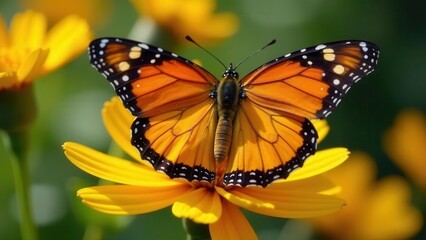 Fototapeta premium A vibrant orange butterfly with black and white markings delicately rests on a bright yellow flower, surrounded by a bokeh of similar blooms in a sunlit meadow.