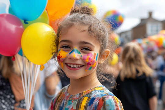 Family enjoying Luton International Carnival, children with painted faces, colorful balloons in hand, street food vendors offering international cuisine. 