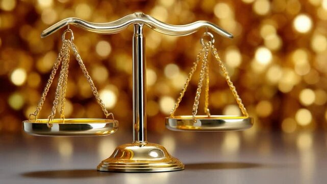 Golden Scale: A close-up shot of a golden scale against a blurred, shimmering background, emphasizing balance, justice, and precision. This image embodies the essence of fairness.