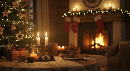Cozy Christmas Scene with Tree, Fireplace and Decorated Table