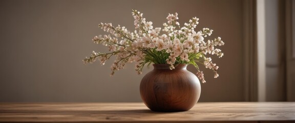 Spring blooms in vase, wooden table, soft lamplight ,  daffodils,  pastel