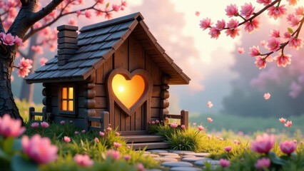 Enchanted Wooden Cabin in a Blossoming Spring Meadow with Heart-Shaped Window at Golden Hour