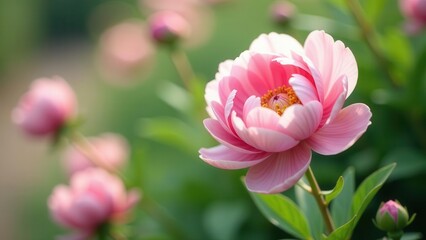 Fototapeta premium A Delicate Pink Peony Blossoms in the Soft Sunlight, Surrounded by Other Buds and Flowers, Creating a Serene and Peaceful Garden Scene