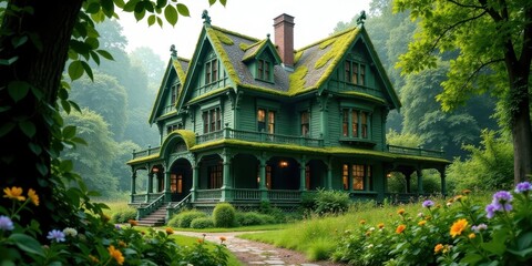 Fototapeta premium Enchanted Green Victorian House Nestled Amidst Lush Foliage, a Picturesque Scene of Tranquility and Serene Beauty