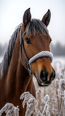 Fototapeta premium Horse portrait. Winter scenery. Farm animal in pasture with frost on grass. Nature stock photo
