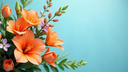 Obraz premium Vibrant Orange Blossoms and Delicate Purple Accents Arranged in a Stunning Floral Composition Against a Serene Aqua Background