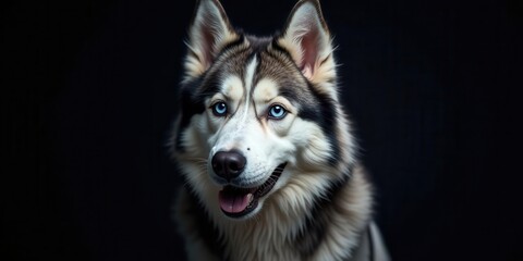 Obraz premium A captivating portrait of a husky dog, its vibrant blue eyes gleaming against a dark backdrop, showcasing its fluffy fur and playful expression.