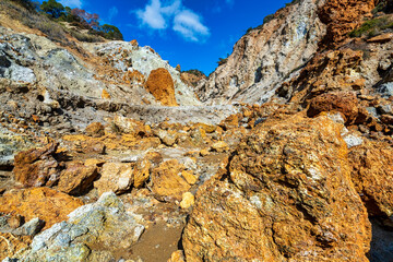 Colorful volcanic rocks and cliffs Sousaki Volcano Greece