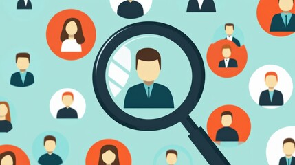 Business people icons with magnifying glass representing search for talent recruitment and human resources management