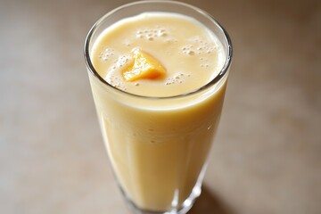 A smooth, creamy peach smoothie made with frozen peaches, yogurt, and honey
