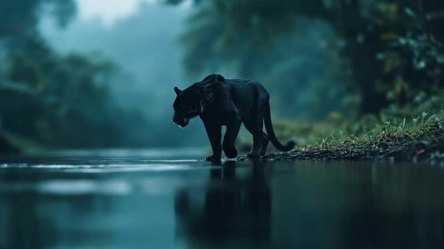 Sleek black panther prowls serene river, surrounded by lush jungle greenery, embodying beauty and mystery of wildlife in rainforest as true predator of nature.
